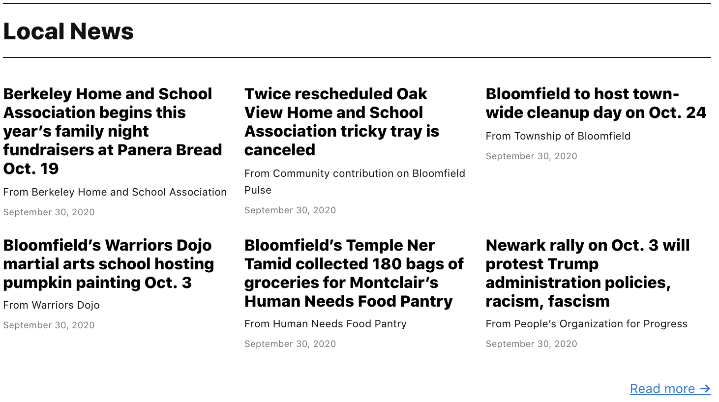 A screenshot of harvested content on our home page.
